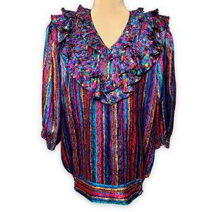 Vintage Howard Wolf Blouse Ruffle Pleated Neckline Bold Stripes Size Medium